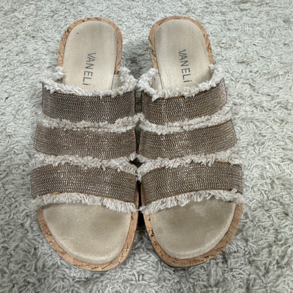 Vaneli Carry Espadrilles‎ Wedge Slip On Strappy Sandals Size 7 Metallic Fringe